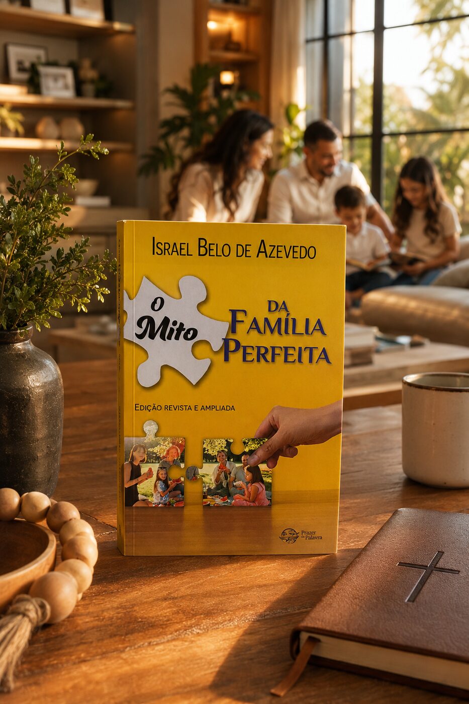 O Mito da Família Perfeita sobre mesa com família ao fundo