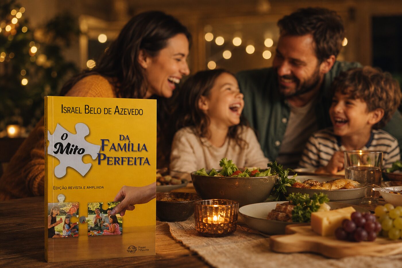 Família reunida na mesa com o livro em destaque
